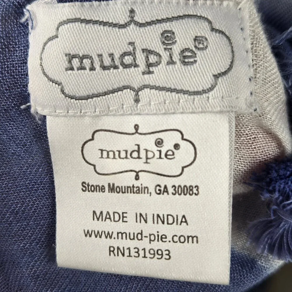 Mud Pie Oblong Blue White Tie Dye Scarf Pompom Fringed Ends